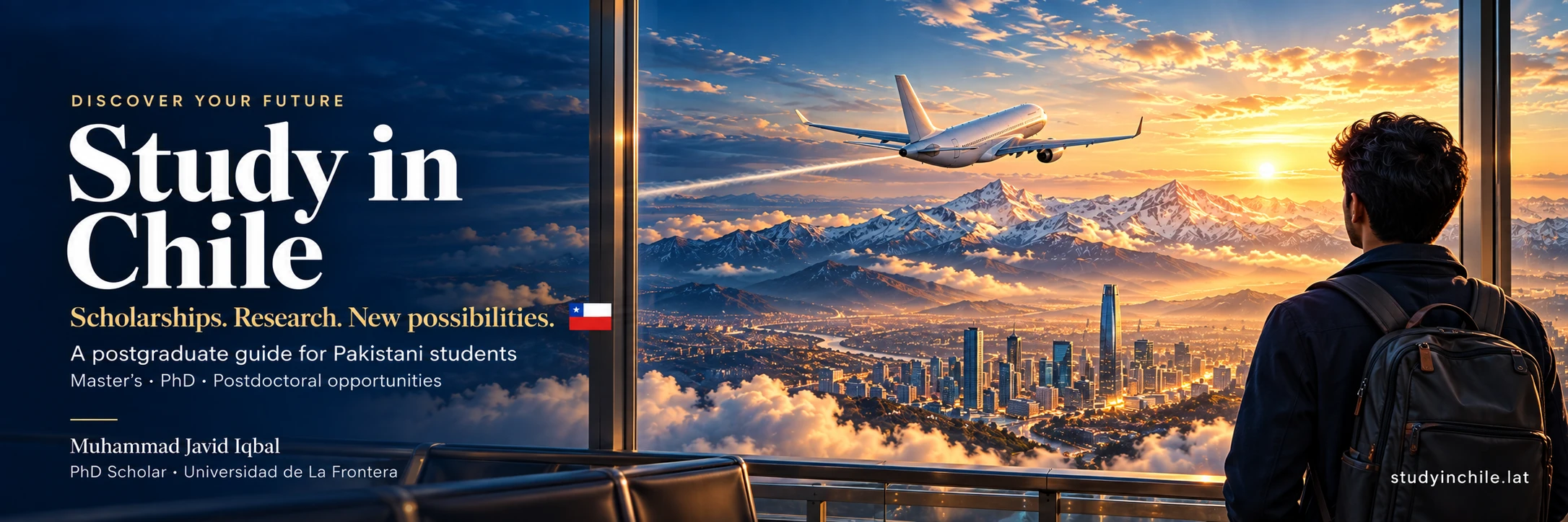 Discover your future: Study in Chile. Scholarships, research and new possibilities. A student looks toward a plane over Santiago and the Andes. By Muhammad Javid Iqbal, PhD Scholar at Universidad de La Frontera.